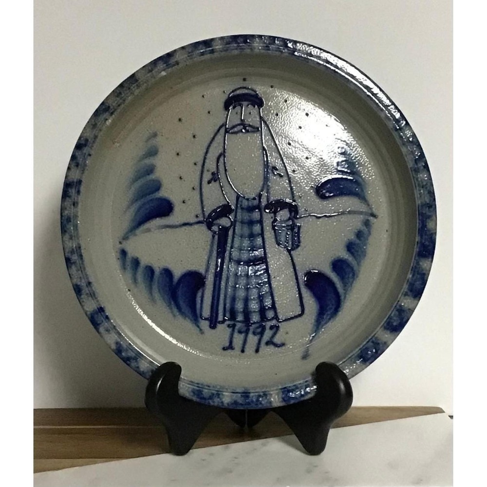 Rowe Pottery Works 1992 Santa Claus Salt Glaze Stoneware Plate Blue Cobalt 10in - Picture 10 of 11